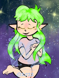 a girl with green hair sitting on the ground with stars in the background